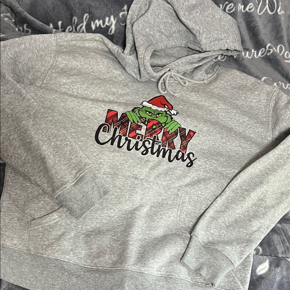 Grinch Gray Merry Christmas Hoodie with Red and Green Design